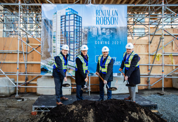 GWL Realty Advisors, joined by Mayor Kennedy Stewart, formally broke ground today on a 21-storey market rental tower at 1500 Robson Street. L-R: Vancouver Mayor Kennedy Stewart; Ralf Dost, GWL Realty Advisors; Steve Marino, GWL Realty Advisors; Jeff Fleming, GWL Realty Advisors. (CNW Group/GWL Realty Advisors)